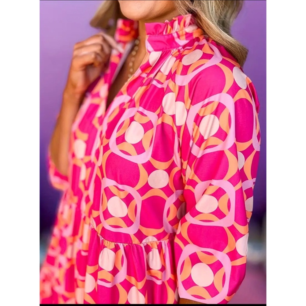 NEW! Watermelon Color Floral V Neck Ruffled Knee Length Flowy Dress! - Picture 6 of 6